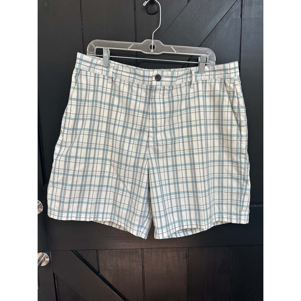 Adidas Mens Plaid Golf Shorts White Teal Blue Grey Size 36 Flat Front
